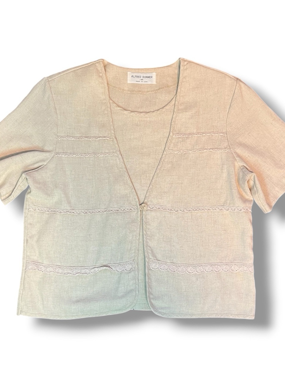 Alfred Dunner Taupe Lace Trim Short Sleeve Top Made in USA Size 14